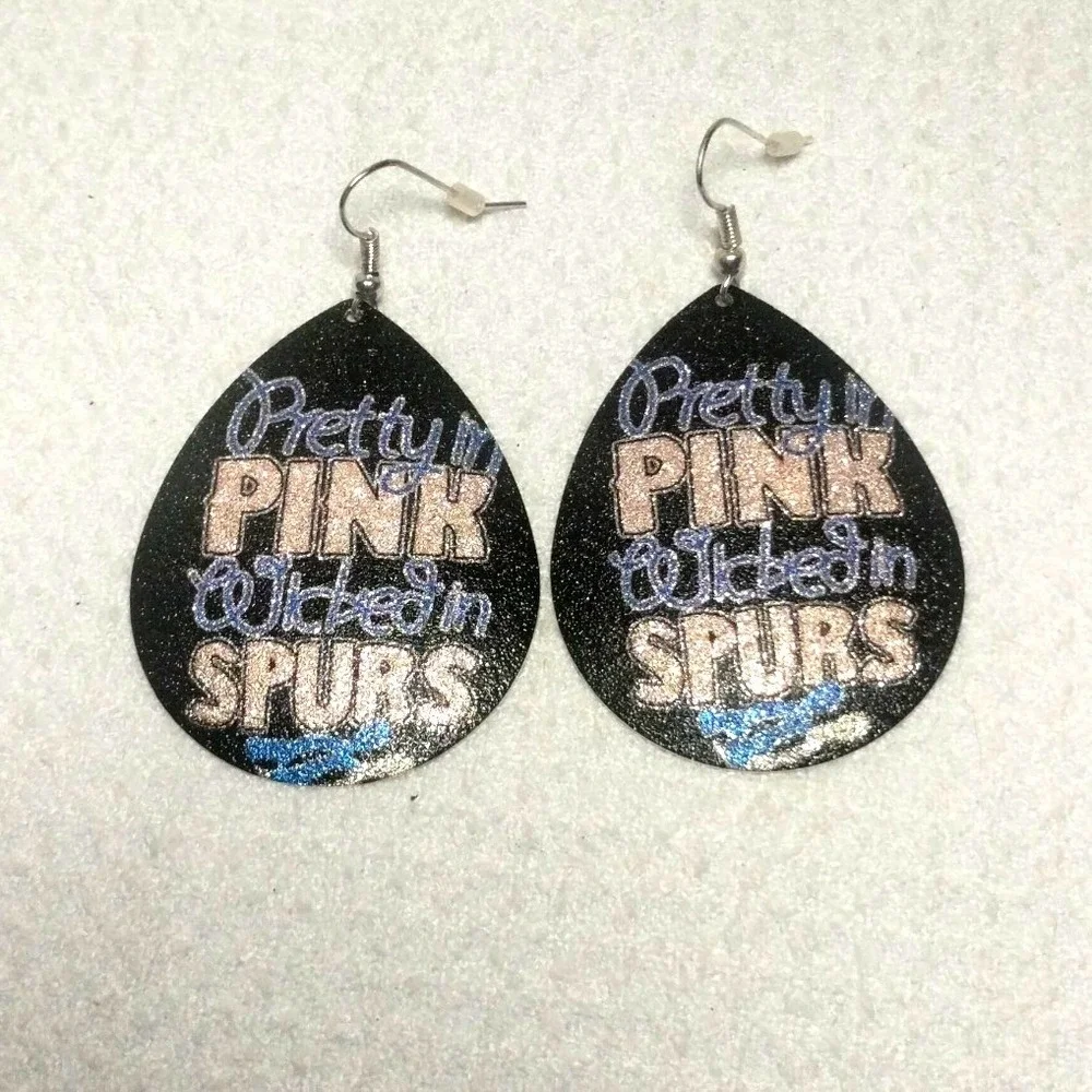 Pretty‎ In Pink Wicked In Spurs Teardrop Earrings Black Glitter Western Dangle